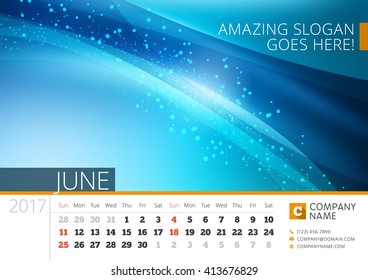 Desk Line Calendar for 2017 Year. Vector Design Print Template with Abstract Background. June. Week Starts Sunday