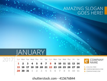 Desk Line Calendar for 2017 Year. Vector Design Print Template with Abstract Background. January. Week Starts Sunday