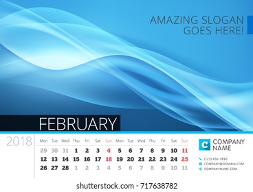 Desk line calendar for 2018 Year. February. Vector design print template with abstract background. Week starts on Monday