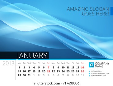 Desk line calendar for 2018 Year. January. Vector design print template with abstract background. Week starts on Monday