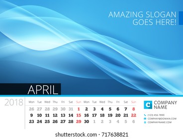Desk line calendar for 2018 Year. April. Vector design print template with abstract background. Week starts on Monday