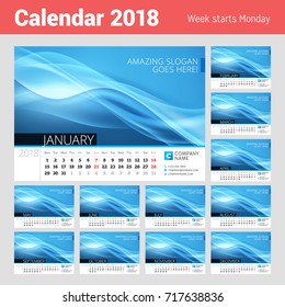 Calendario de las líneas de mesa para el año 2018. Plantilla de impresión de diseño de vectores con fondo abstracto. La semana empieza el lunes