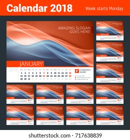 Desk line calendar for 2018 Year. Vector design print template with abstract background. Week starts on Monday