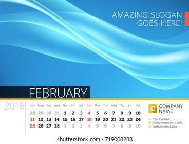 Desk line calendar for 2018 Year. February. Vector design print template with abstract background. Week starts on Sunday