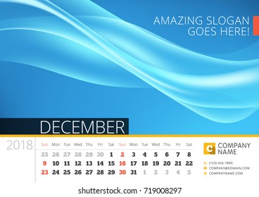 Desk line calendar for 2018 Year. December. Vector design print template with abstract background. Week starts on Sunday