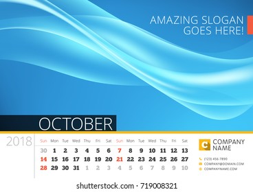 Desk line calendar for 2018 Year. October. Vector design print template with abstract background. Week starts on Sunday