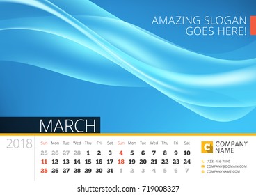 Desk line calendar for 2018 Year. March. Vector design print template with abstract background. Week starts on Sunday