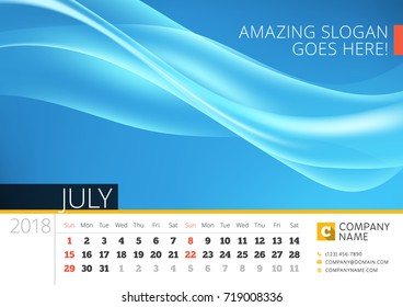 Desk line calendar for 2018 Year. July. Vector design print template with abstract background. Week starts on Sunday