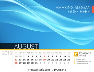 Desk line calendar for 2018 Year. August. Vector design print template with abstract background. Week starts on Sunday
