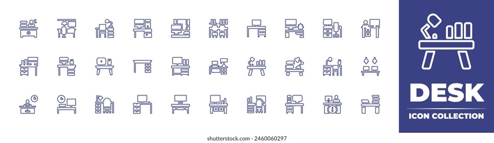 Desk line icon collection. Editable stroke. Vector illustration. Containing desk, workplace, workspace, information desk, computer, table, workaholic, office, receptionist.