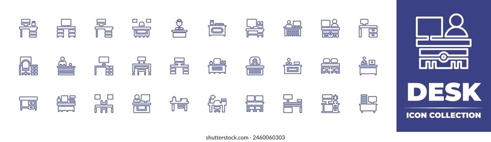 Desk line icon collection. Editable stroke. Vector illustration. Containing boss, front desk, businessman, office desk, desk, information, teacher, reception, receptionist, workplace.