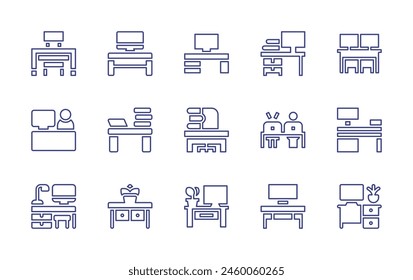 Desk line icon set. Editable stroke. Vector illustration. Containing check in, computer, workspace, desk, workplace, absent, office, customer sales, furniture.