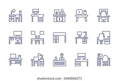 Conjunto de iconos de línea de escritorio. Trazo editable. Ilustración vectorial. Conteniendo escritorio, recepcionista, lugar de trabajo, oficina.