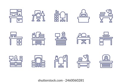 Conjunto de iconos de línea de escritorio. Trazo editable. Ilustración vectorial. Conteniendo escritorio, jefe, mesa de oficina, lugar de trabajo, mesa de recepción, mesa del profesor.