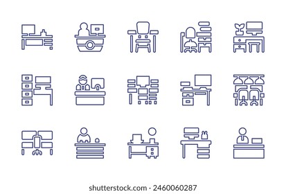 Desk line icon set. Editable stroke. Vector illustration. Containing desk, reception, receptionist, studio, coworking, work table, workstation, workspace, counter.