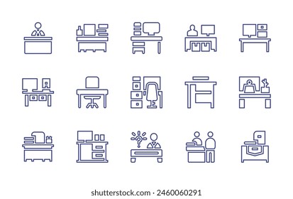 Desk line icon set. Editable stroke. Vector illustration. Containing desk, in person, information, teacher desk, absent, workspace, work space, work table, office, table, logistic, workplace, stand.