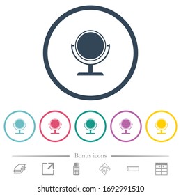 Desk mirror flat color icons in round outlines. 6 bonus icons included.