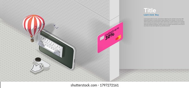 Desk With A Mobile Phone And A Numeric Keypad In The Isometric. Vector Banner