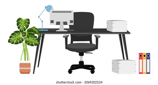 Desk with modern adjustable office chair and table with beautiful design with house plants and with some paper pile file folders table lamp pc computer