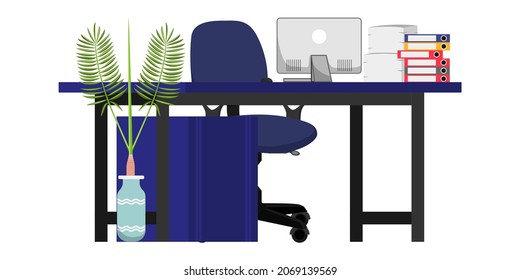 Schreibtisch mit modernem Stuhl-Tisch mit PC-Computer, einige Papierstapelordner und Hauspflanzen
