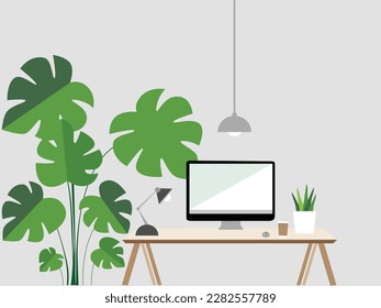 Desk Modern office workplace with Monstera plant. Office desk with laptop and coffee. Houseplant Monstera. Vector isolated illustration.