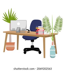 Desk with modern wooden chair and table with beautiful design with 3d view with some paper pile file folders pc computer with house plants