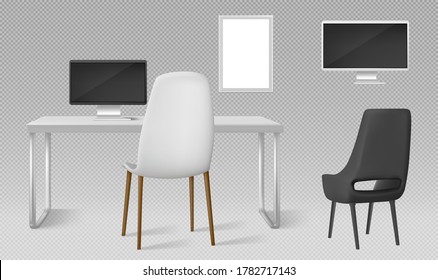 Escritorio, monitor, sillas y cuadro de imagen en blanco aislado en fondo transparente. Conjunto vectorial realista de mobiliario moderno, mesa, silla y pantalla de computadora para el lugar de trabajo en la oficina o en el hogar