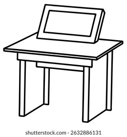 Desk with monitor isolated on transparent background in line art style