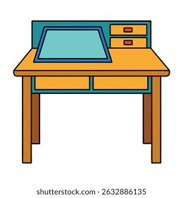 Desk with monitor isolated on transparent background in line art style