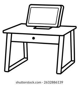 Desk with monitor isolated on transparent background in line art style