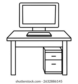 Desk with monitor isolated on transparent background in line art style