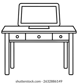 Desk with monitor isolated on transparent background in line art style