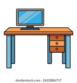 Desk with monitor isolated on transparent background in line art style