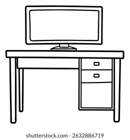 Desk with monitor isolated on transparent background in line art style