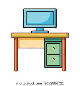 Desk with monitor isolated on transparent background in line art style