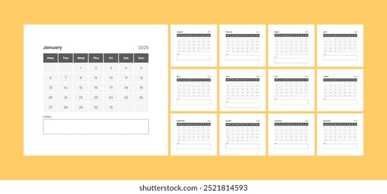 Modelo de calendário mensal de 2025 para serviços de secretária. Layout de quadrado limpo minimalista. Papelaria da empresa.