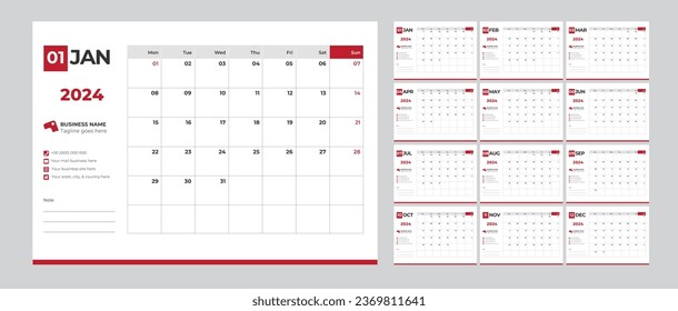 Desk monthly calendar template for 2024 year for business in a minimalist style