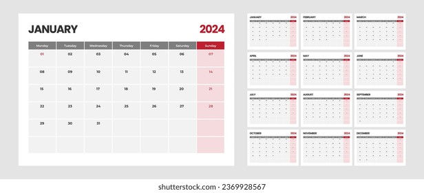 Desk monthly calendar template for 2024 year for business with colored table in a minimalist style