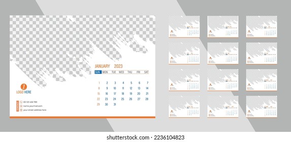 Desk Monthly Photo Calendar 2023. Simple monthly horizontal photo calendar Layout for 2023 new year in English. Cover Calendar and 12 months templates.