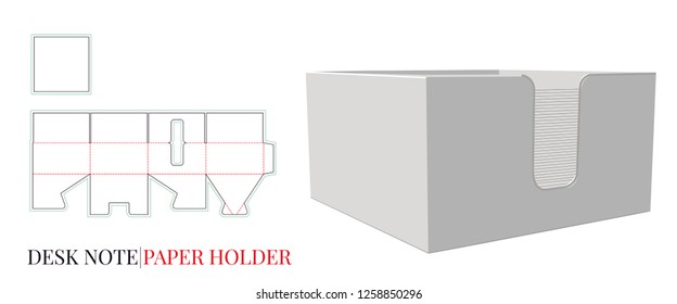 Desk Note Paper Holder Template. Vector with die cut / laser cut layers. White, clear, blank, isolated Note Holder mock up on white background with perspective 3D presentation, branding, self lock