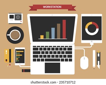 Desk with notebook and accessories, flat design, vector