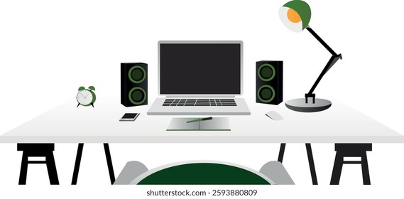 A desk with a notebook and the necessary things for comfortable work