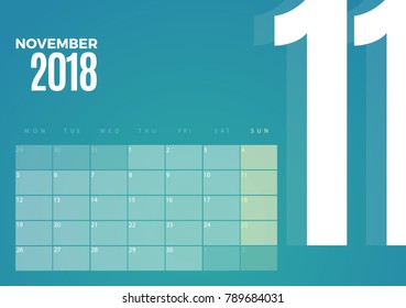 Desk November 2018 Calendar. Vector schedule planner template design