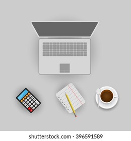 Desk with objects, objects against the gray background. Miscellaneous objects. Vector illustration.