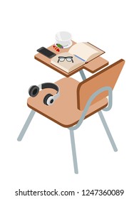 Desk with objects on a white background. Isometric style. Wooden student desk with scientists, graduation cap, book, pencil, glasses, book, candy and telephone. Vector illustration