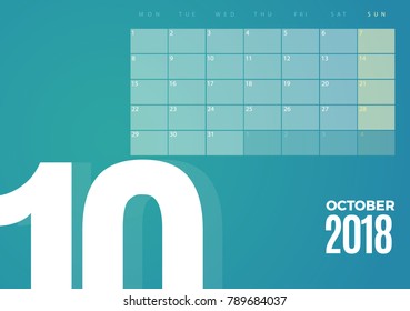 Desk October 2018 Calendar. Vector schedule planner template design