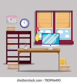 desk with office flat accessories to work