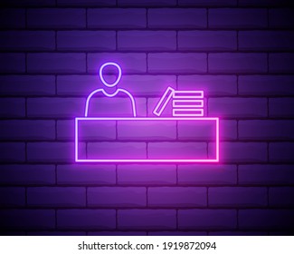 Desk, office, office man neon vector icon. Pink neon, Business neon vector icon isolated on brick wall.