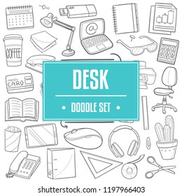 Desk Office Traditional Doodle Icons Sketch Hand Made Design Vector