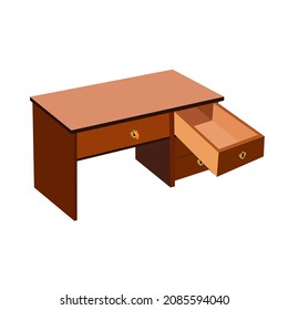 A desk with an open drawer. Vector image of a desktop with an extended drawer. There's a key in the lock in the top drawer